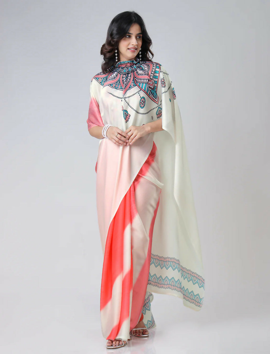Vastranavya Coral Off White Freehand Mandalaa Print Ready to Wear Saree