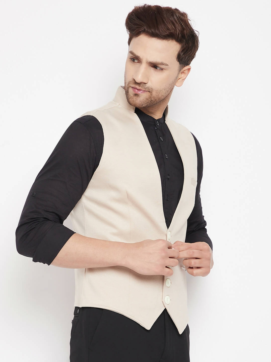 Even Apparels Cream Merino Men Woven Nehru Jacket