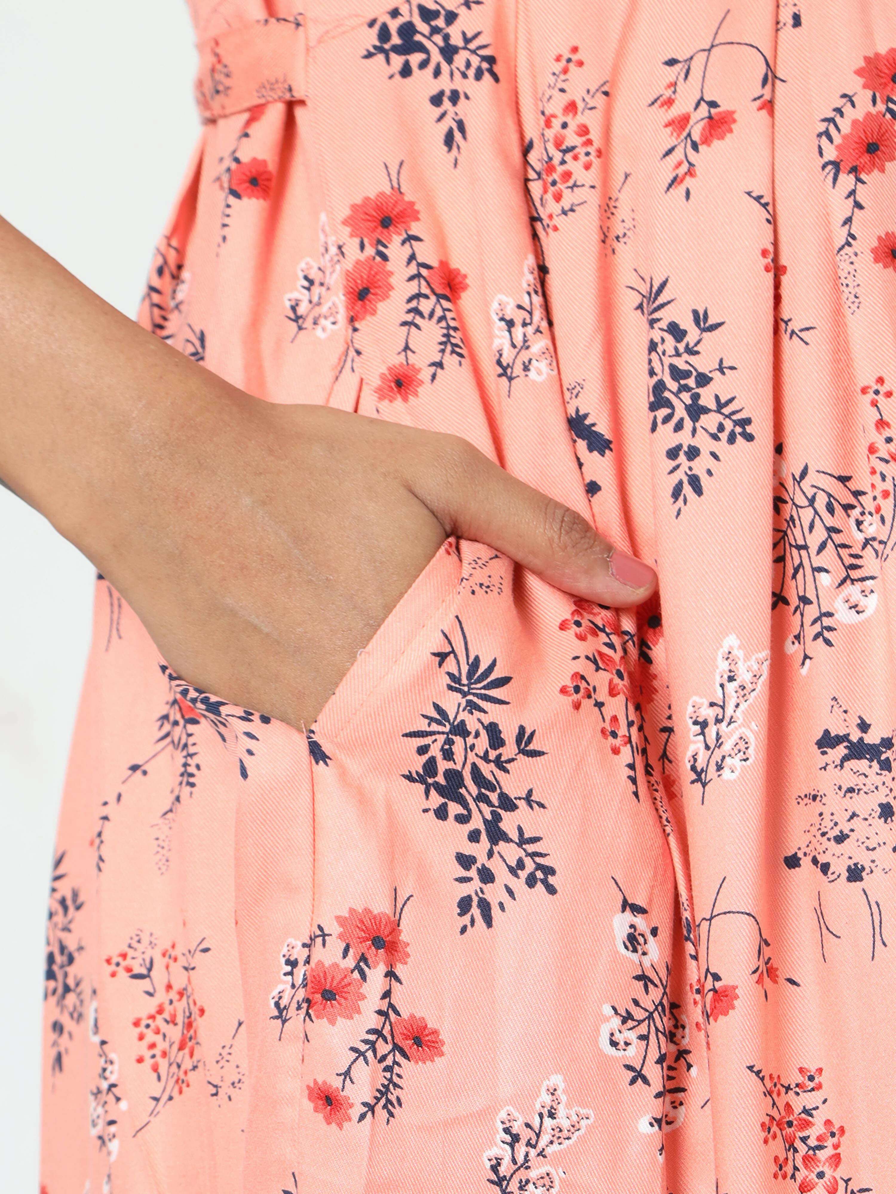 Manet Three Fourth Maternity Dress Floral Print With Concealed Zipper Nursing Access - Orange