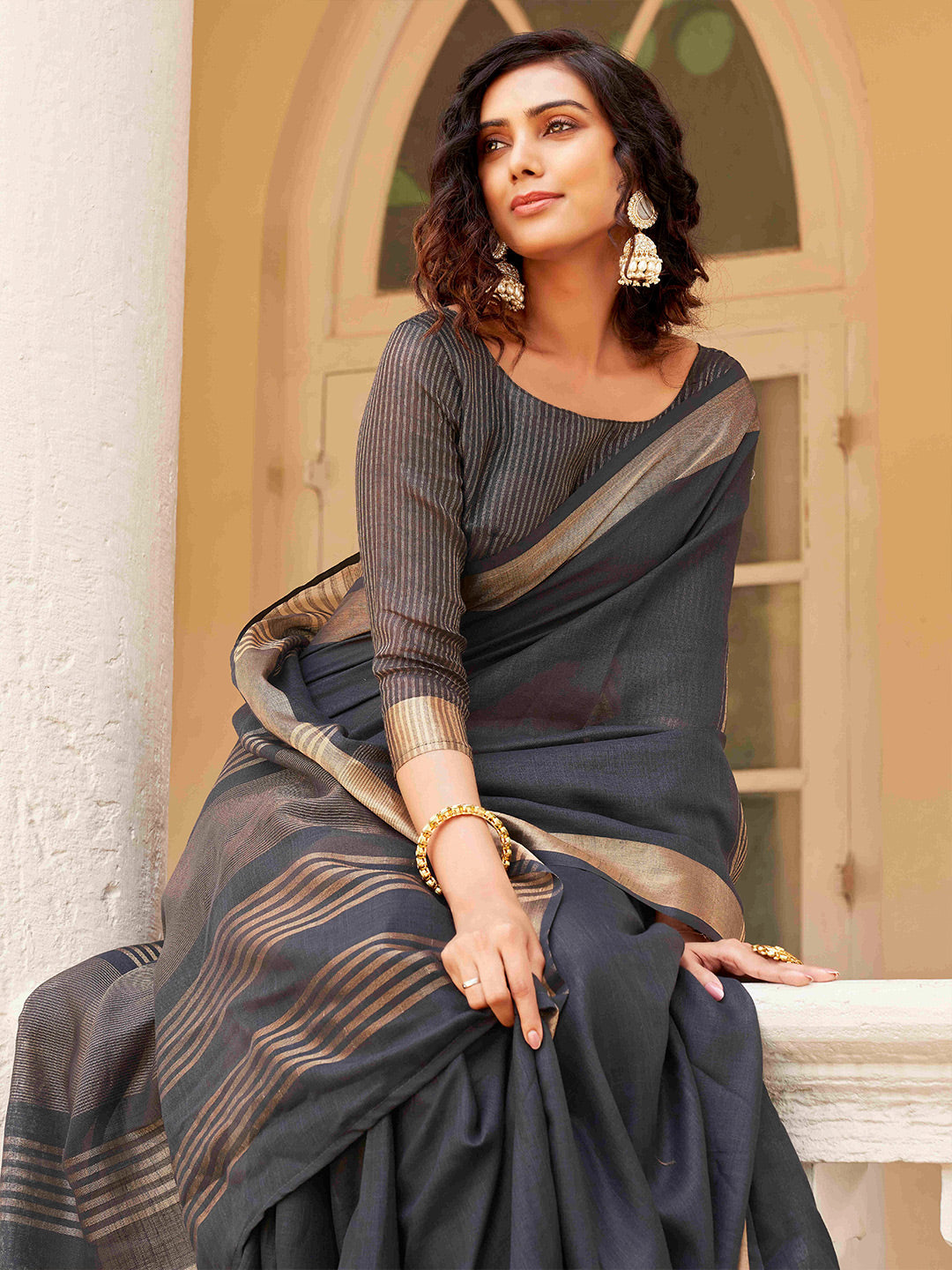 Tikhi Imli Charcoal & Gold-Toned Polycotton Zari Ready to Wear Saree