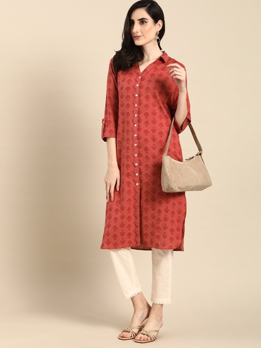 All About You Women Red Cotton Ethnic Motifs Printed Pathani Kurta