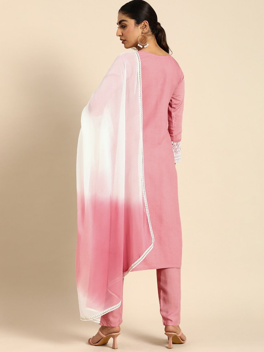 All About You Women Embroidered Chikankari Kurta With Trousers & With Dupatta