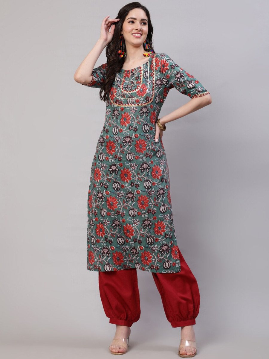 Aks Floral Printed Regular Gotta Patti Kurta with Harem Pants