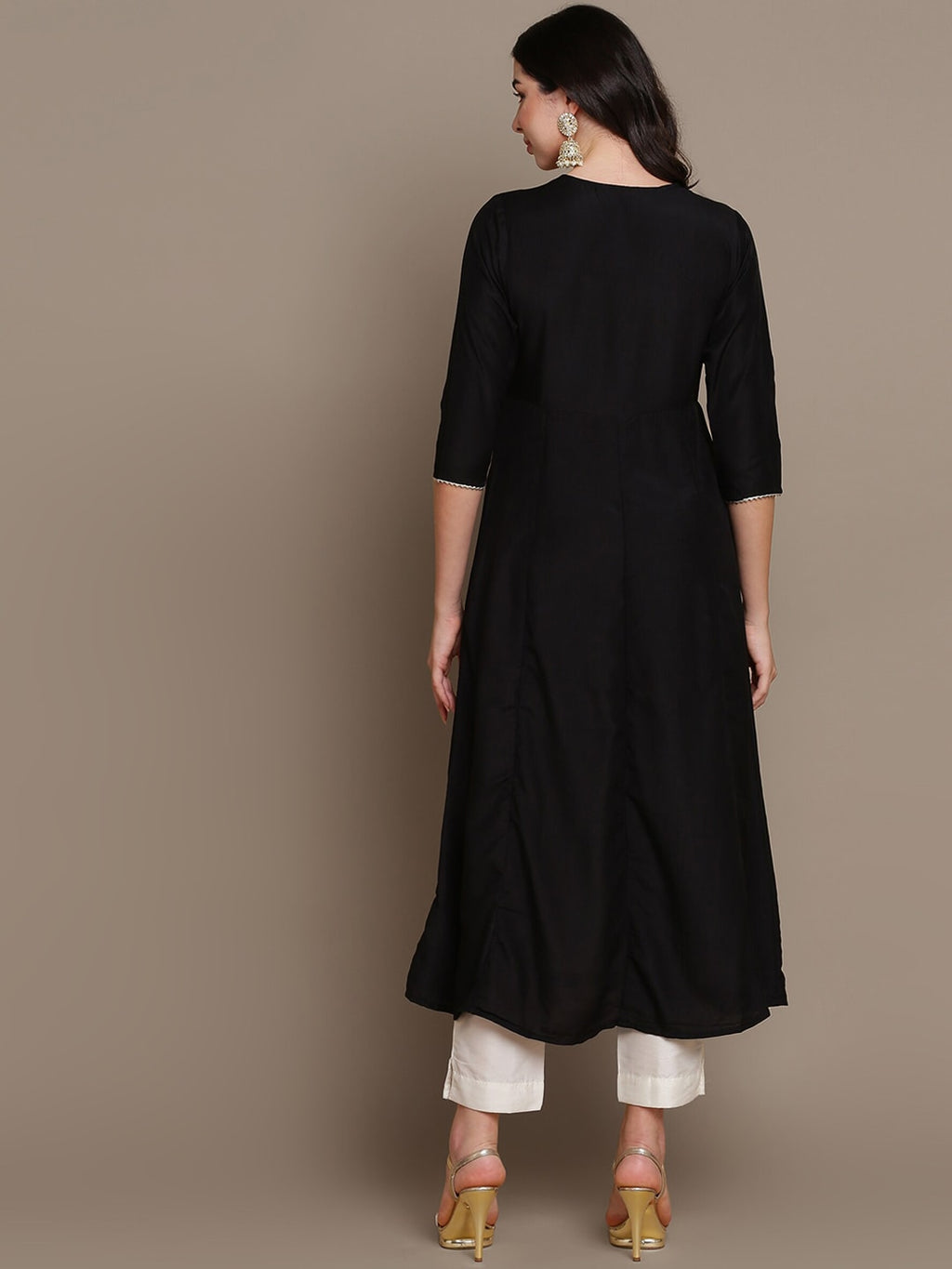 HERE&NOW Ethnic Motifs Embroidered Layered A-Line Cotton Kurta