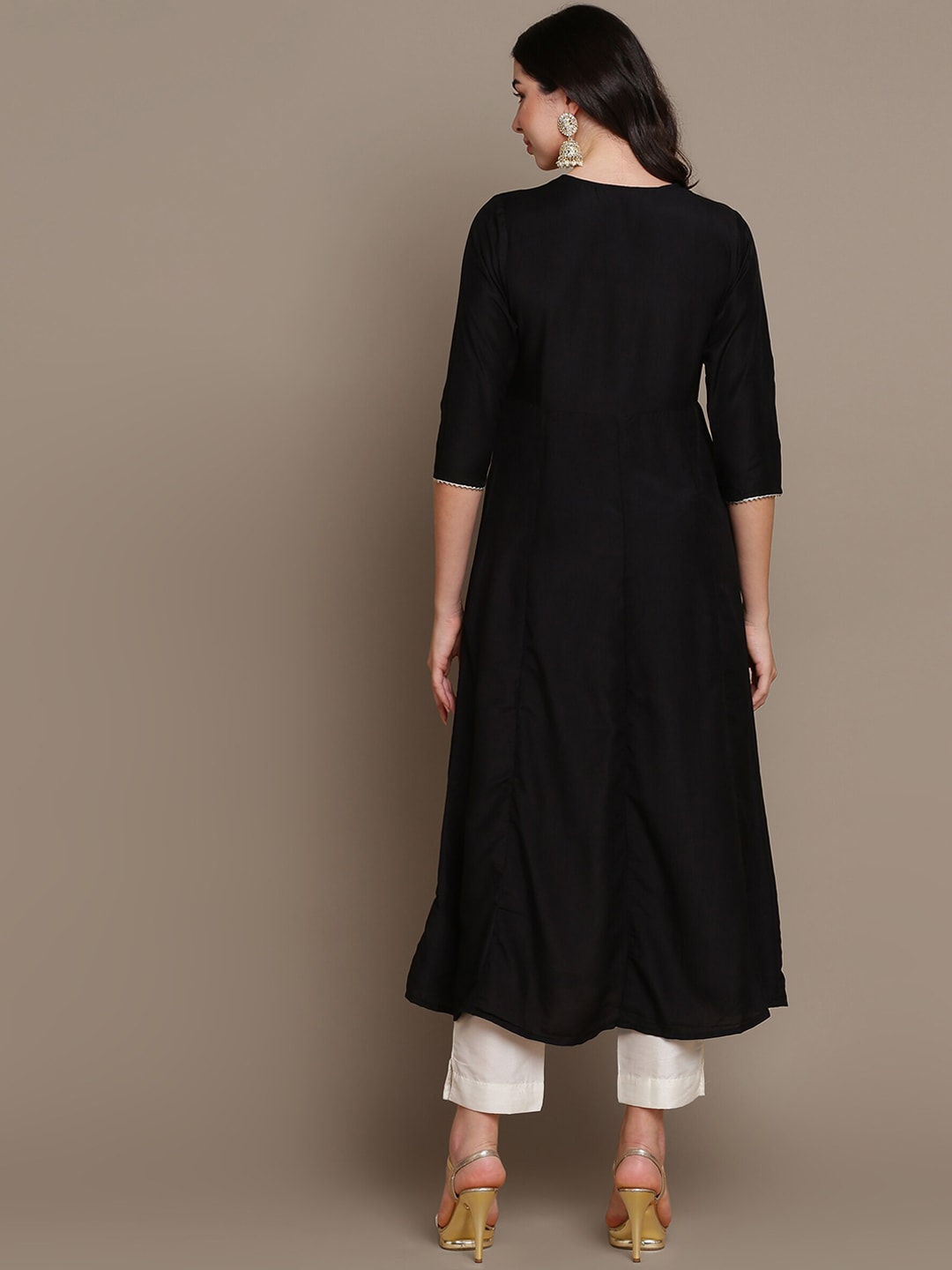 HERE&NOW Ethnic Motifs Embroidered Layered A-Line Cotton Kurta