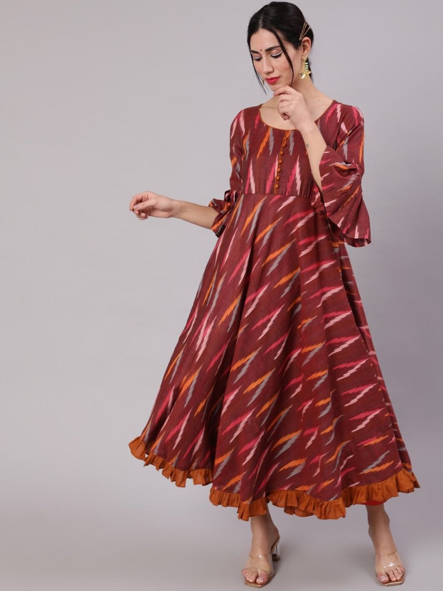 Aks Ikat Printed Pleated Pure Cotton Anarkali Kurta