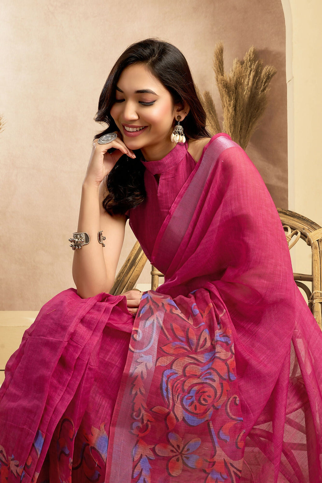 Vastranavya Pink Digital Printed Linen Ready To Wear Designer Saree with Unstitched Blouse
