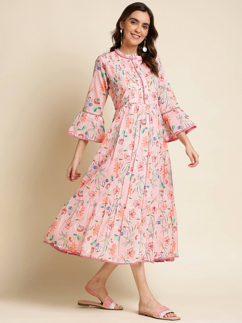 Pink Cotton Floral Printed Dress - Nandani