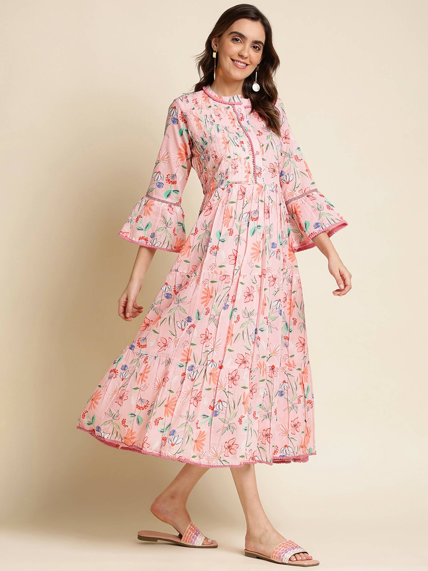 Pink Cotton Floral Printed Dress - Nandani
