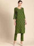All About You Women Green Floral Printed Regular V-Neck Kurta with Trousers