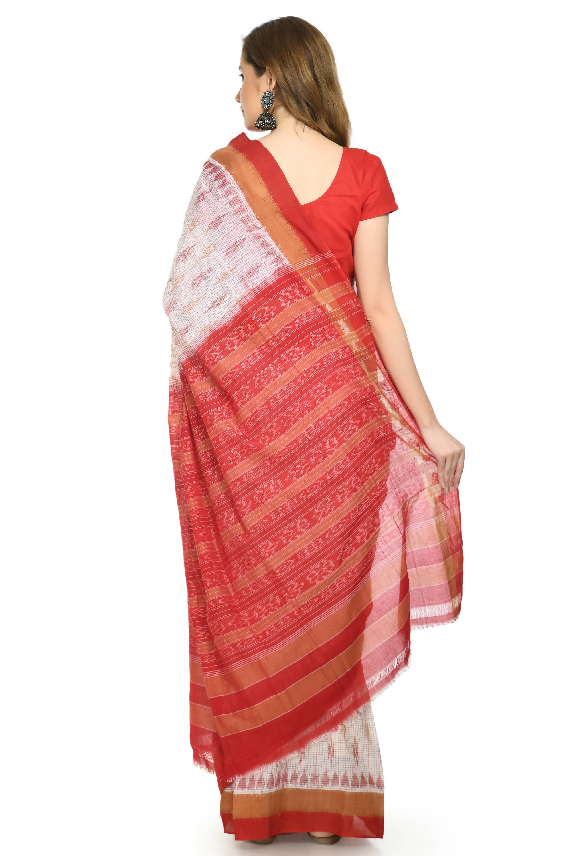 Vamika Sambalpuri Ikat Cotton Dehabandha Badafula White & Light Red Saree