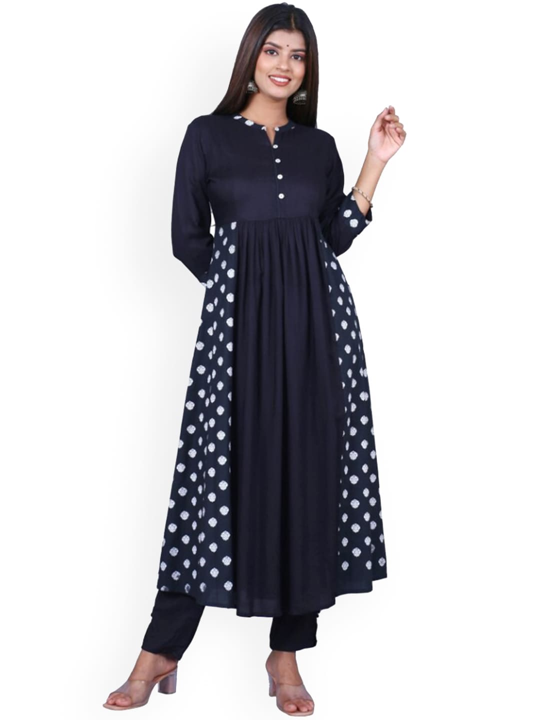 HERE&NOW Women Black Printed Anarkali Empire Kurta with Trousers