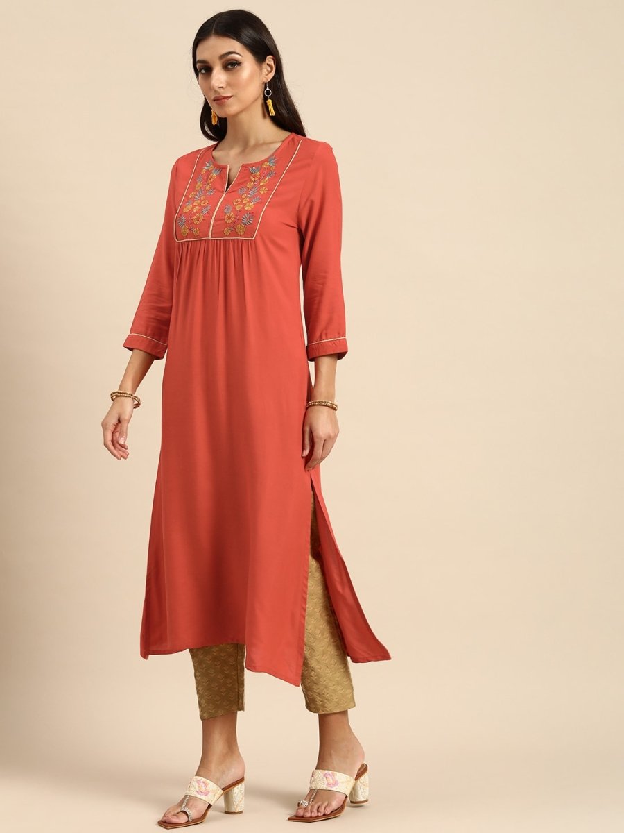 All About You Women Rust Orange Floral Yoke Design Embroidered Thread Work Straight Kurta