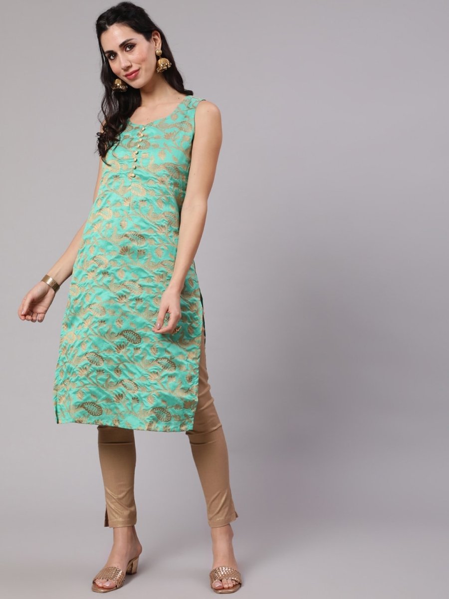 Aks Woven Design Round Neck Straight Kurta