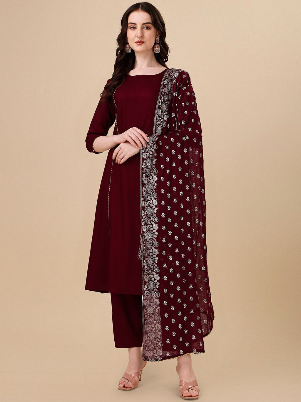 HERE&NOW Maroon & White Gotta Patti Kurta with Trousers & Dupatta