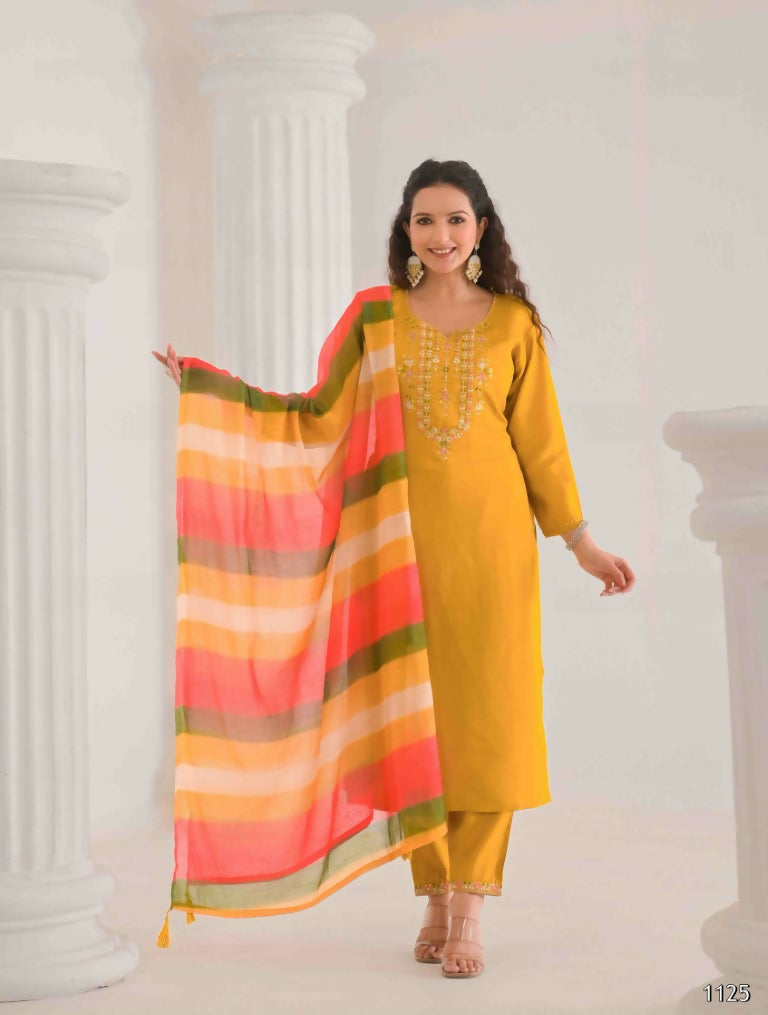 Ethnic Festive Wear Viscose Chanderi Yellow Stitched Suit With Dupatta - Tanisha