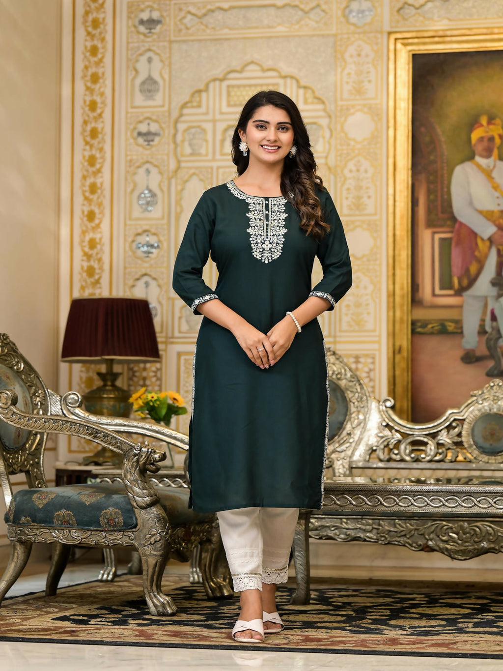 Juniper Women's Sea Green Ethnic Motif Printed Santoon Dress With Sequins & Thread Work
