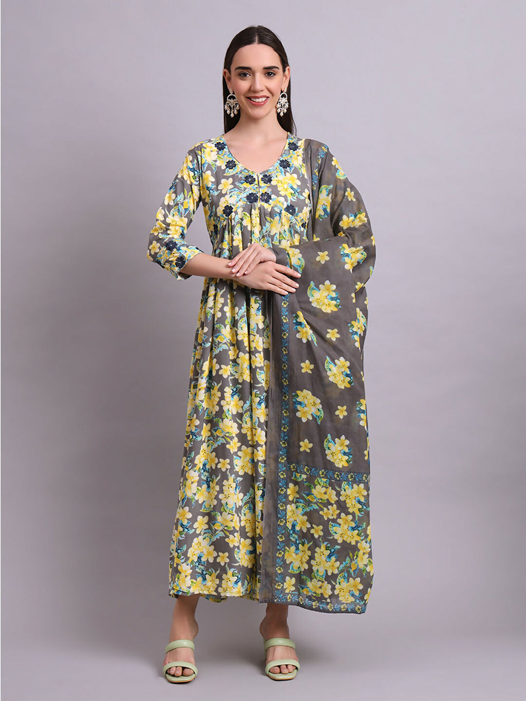 Joban Fashion Yellow Cotton Floral Printed & Embroidery Work Anarkali Dress With Dupatta Set