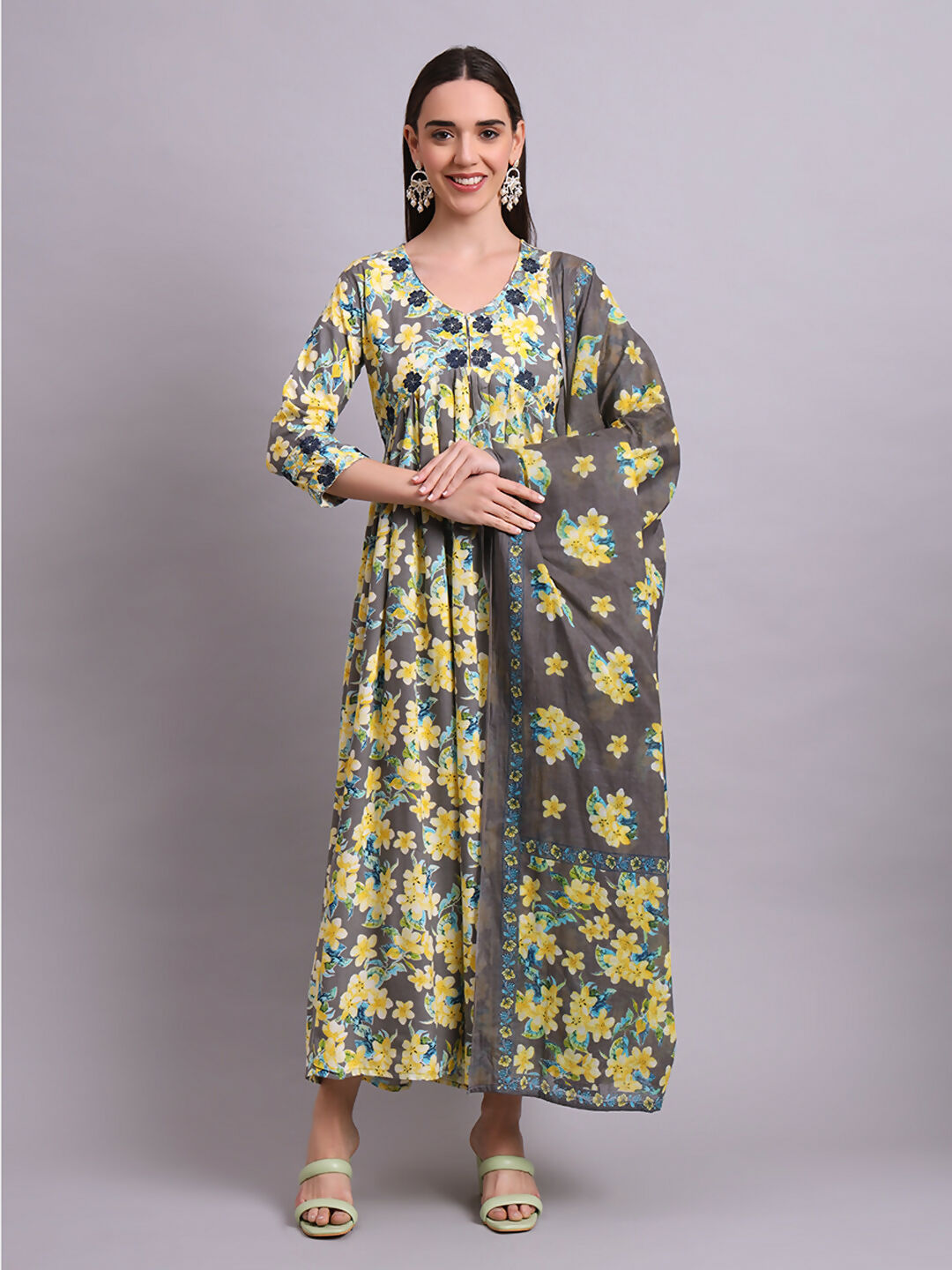Joban Fashion Yellow Cotton Floral Printed & Embroidery Work Anarkali Dress With Dupatta Set