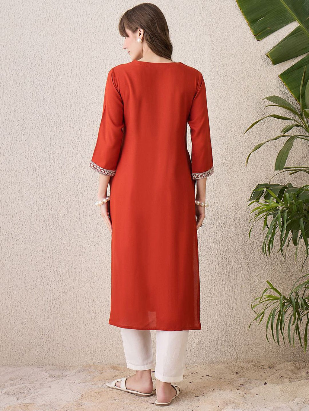 Indo Era Floral Yoke Design Thread Work Cotton Straight Kurta