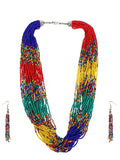 Cardinal Red & Green Beaded Multistring Necklace & Earrings Set