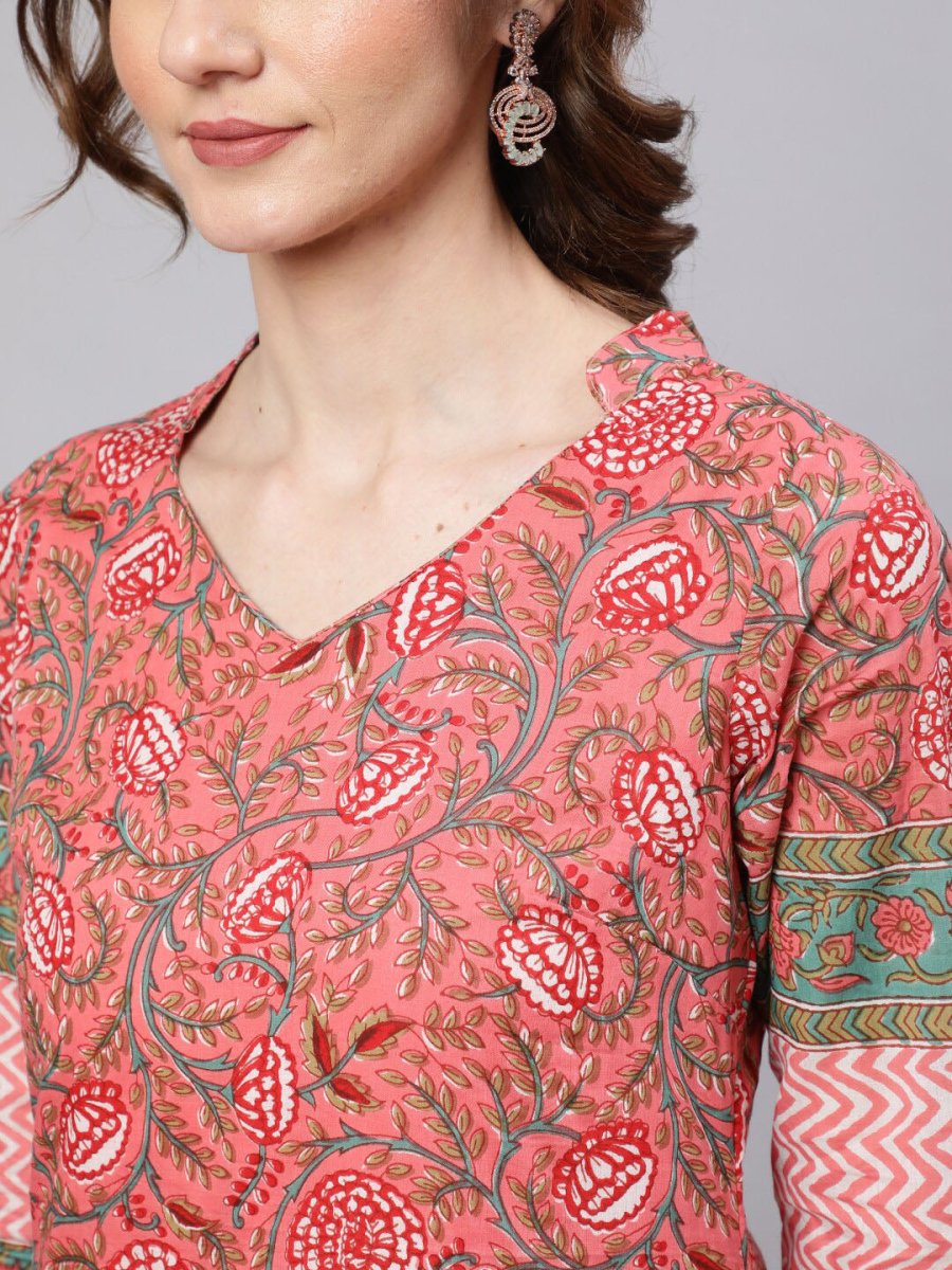 Aks Pink Floral Printed Mandarin Collar Regular Pure Cotton Kurta With Trousers