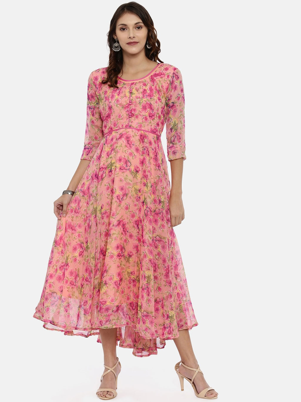 Souchii Pink & Yellow Floral Printed Fit & Flare Dress