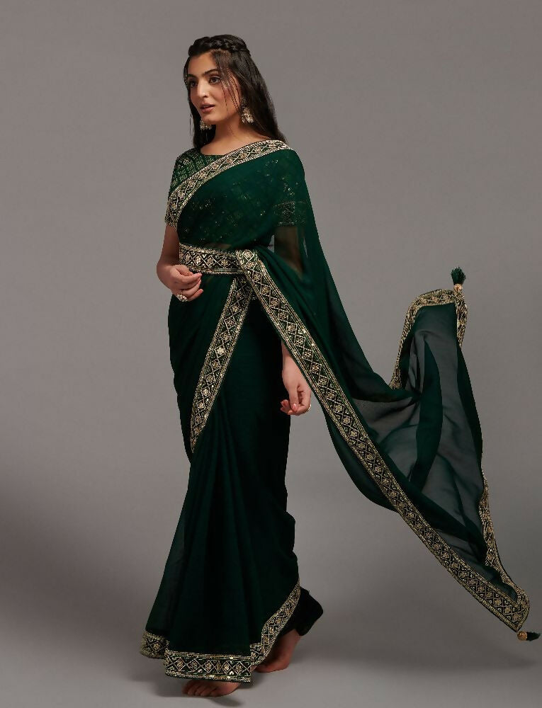 PR Fashion Green Zometo Embroidery Lace Saree
