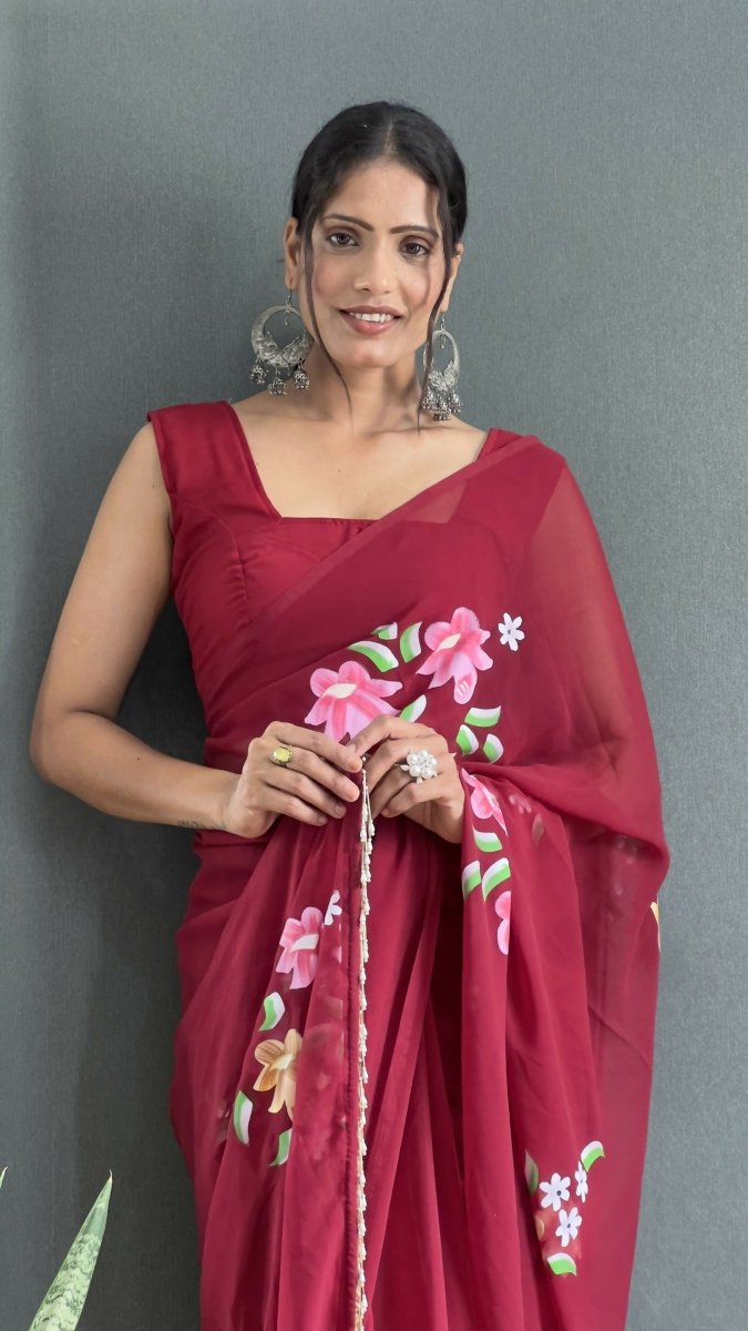 Aayaa Designer 1 min Hand Painted Ready to Wear saree - Maroon