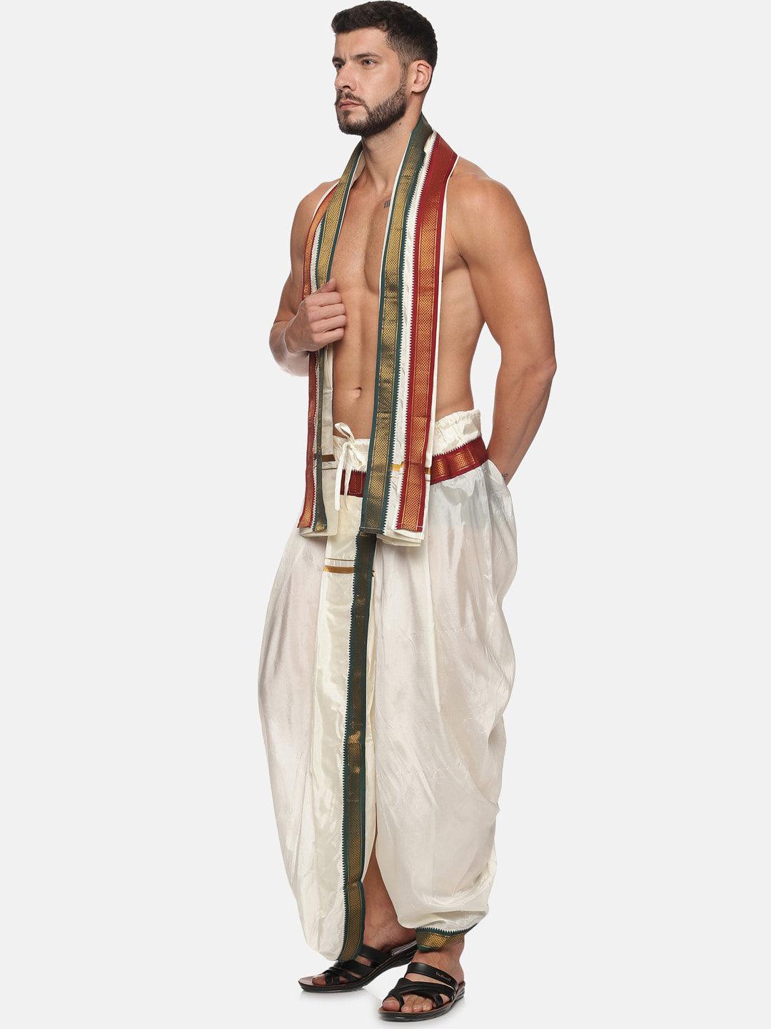 Sethukrishna Men Cream Solid Readymade Dhoti Pants With Angavastram