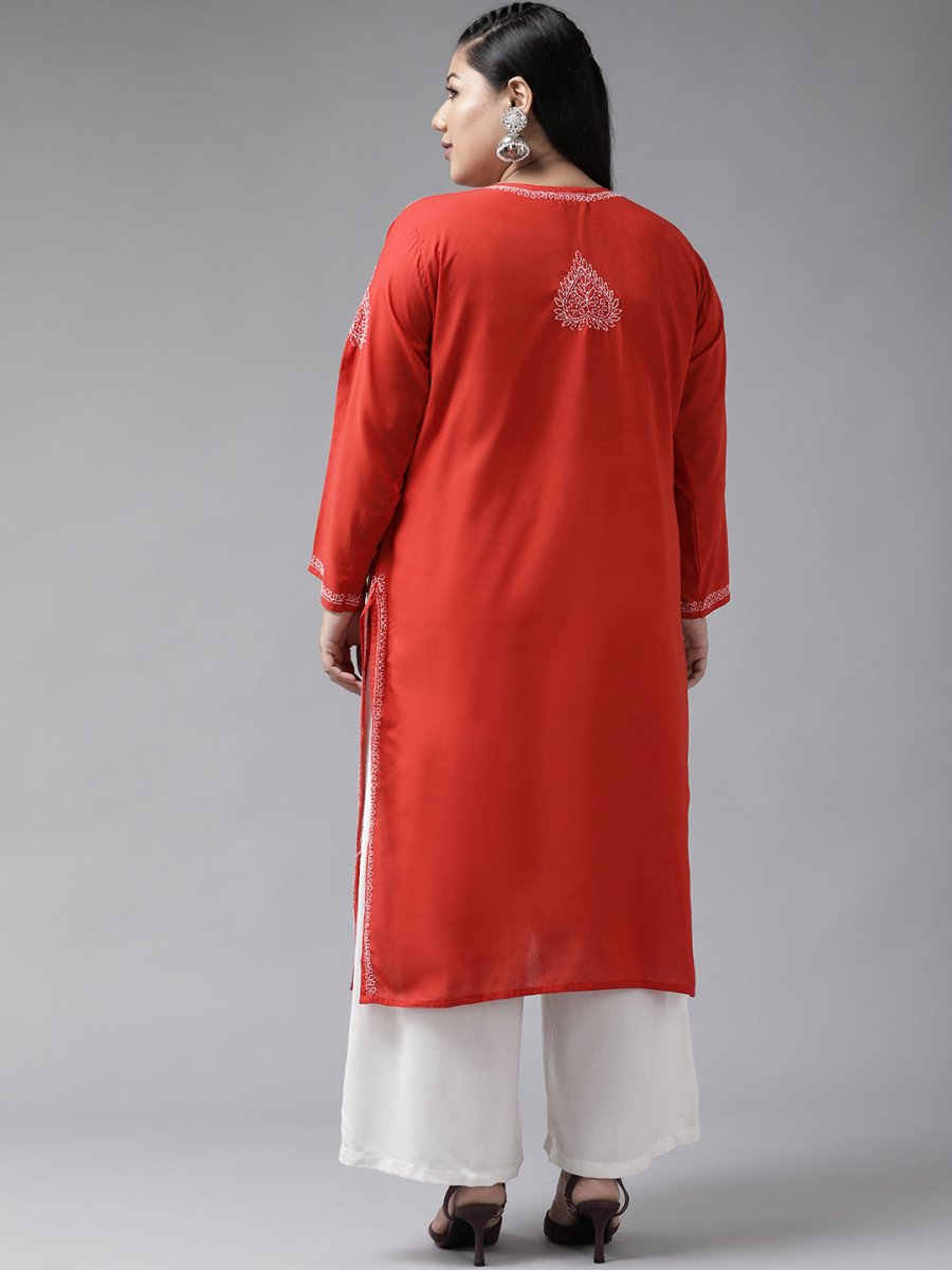 ADA Women Plus Size Red & White Ethnic Motifs Pure Cotton Chikankari Embroidered Kurta