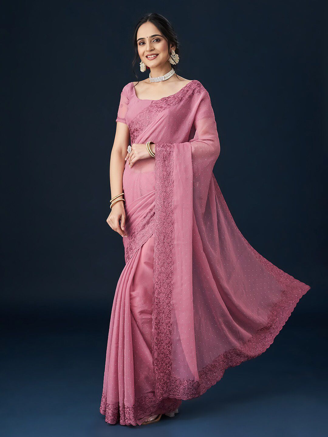 kasee Embroidered Beads and Stones Border Saree