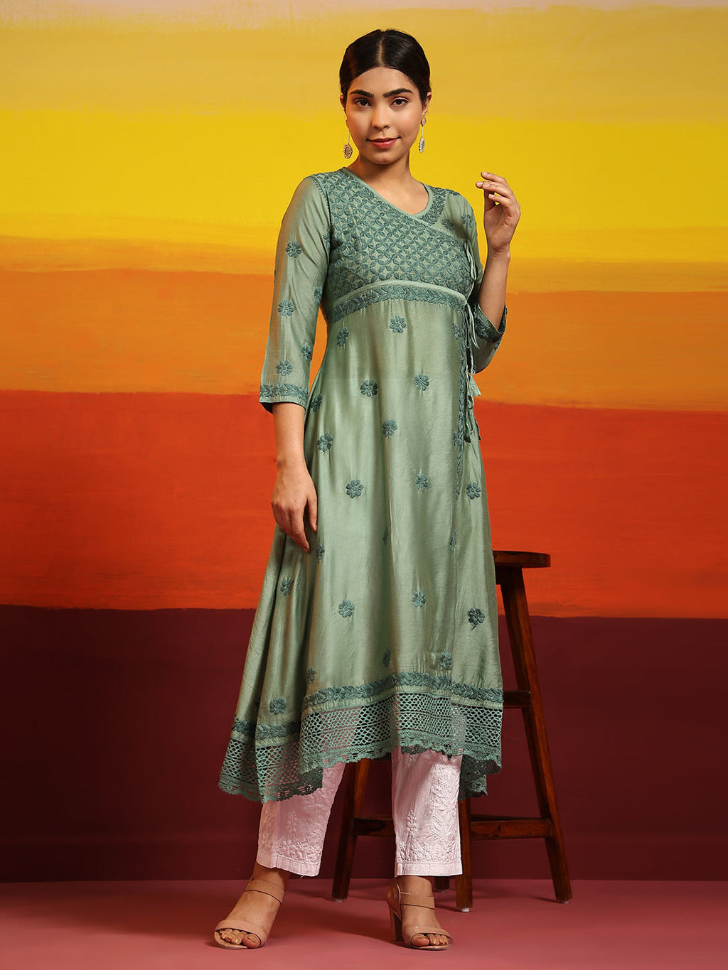 HOUSE OF KARI Embroidered Chikankari Chanderi Silk Anarkali Kurta