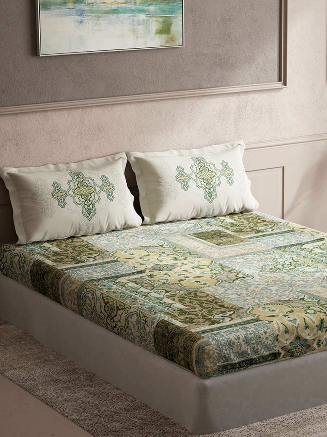 DDecor Green & White Ethnic Motifs Cotton 140 TC King Bedsheet with 2 Pillow Covers