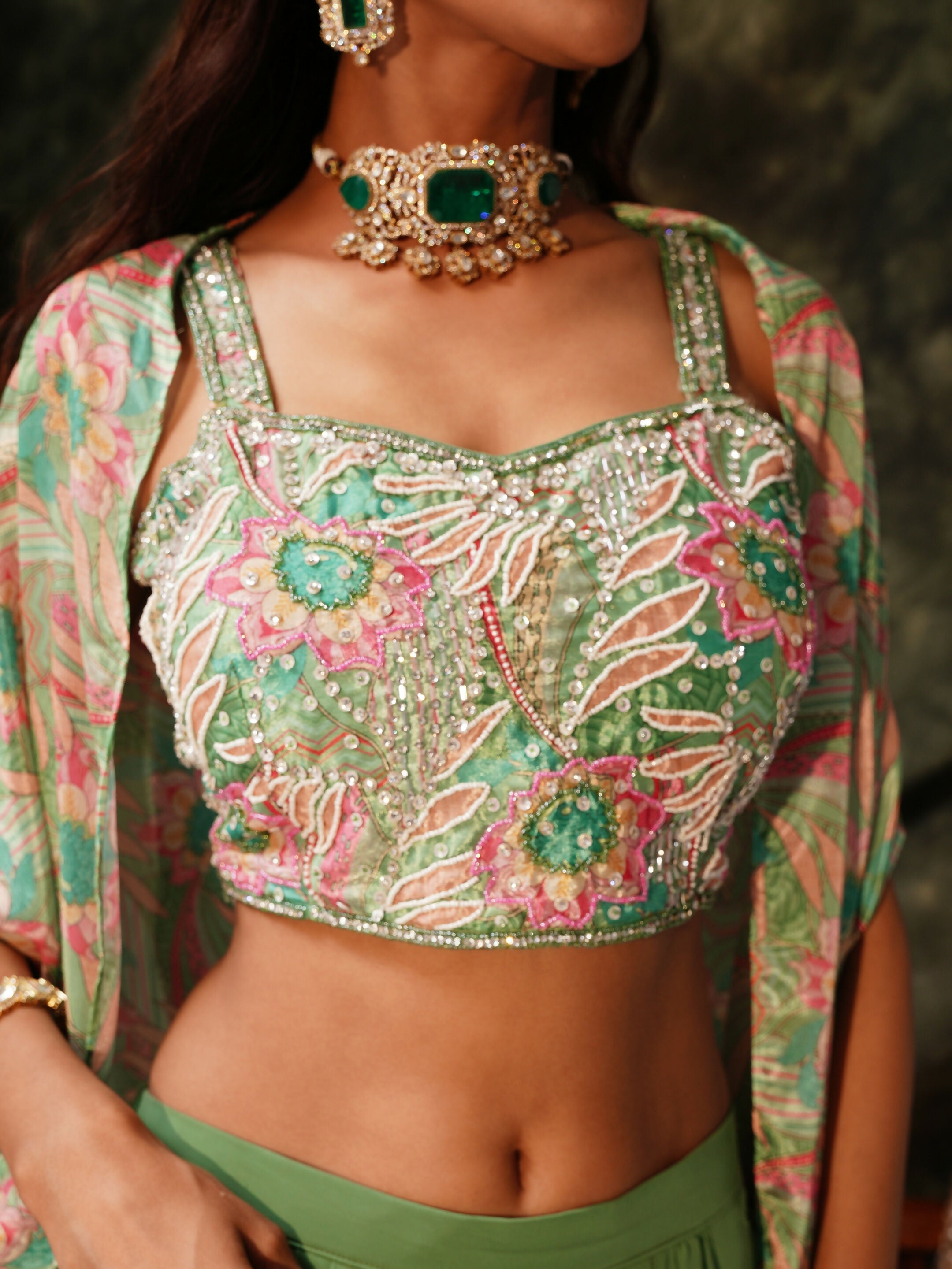 Green Pure Georgette Handwork Top with Skirt & Shrug - Naomika