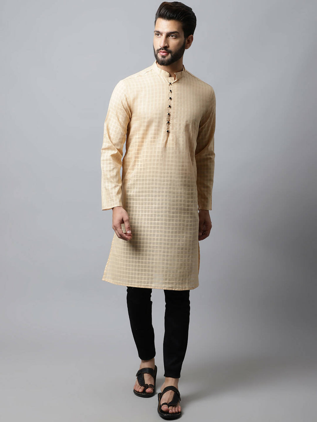 Even Apparels Beige Color Pure Cotton Men's Kurta With Side Placket (CHK1200)