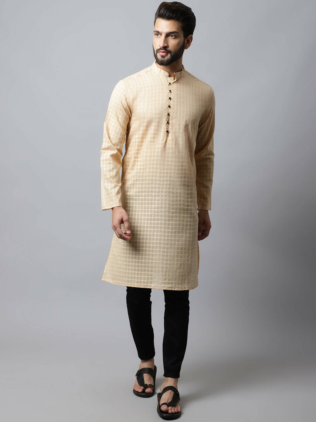 Even Apparels Beige Color Pure Cotton Men's Kurta With Side Placket (CHK1200)