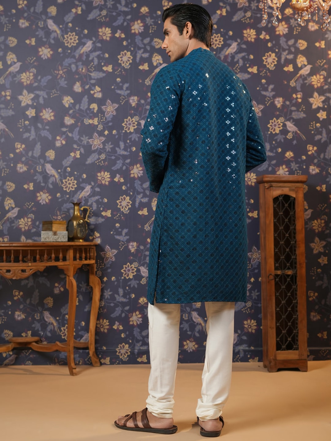 House of Pataudi Ethnic Motifs Embroidered Sequinned Straight Kurta With Churidar