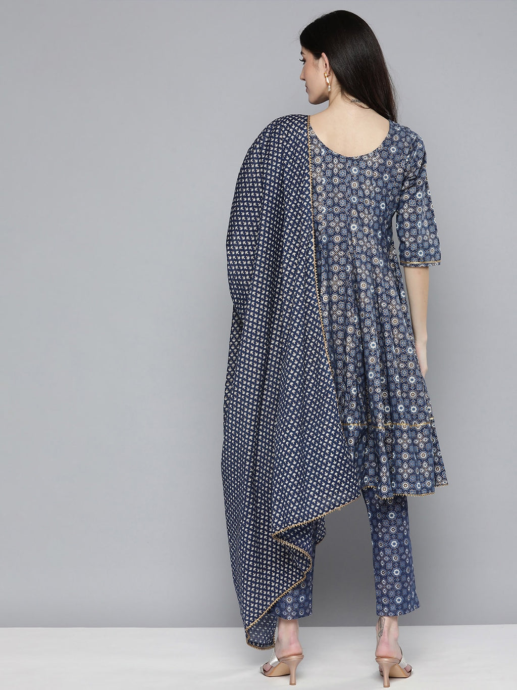 HERE&NOW Ethnic Embroidered & Printed Pure Cotton Anarkali Kurta with Trousers & Dupatta