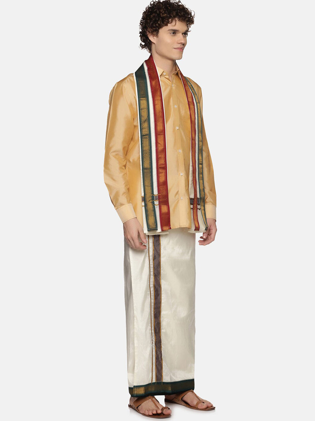 Sethukrishna Men Cream-Colored Solid Dhotis With Angavastram