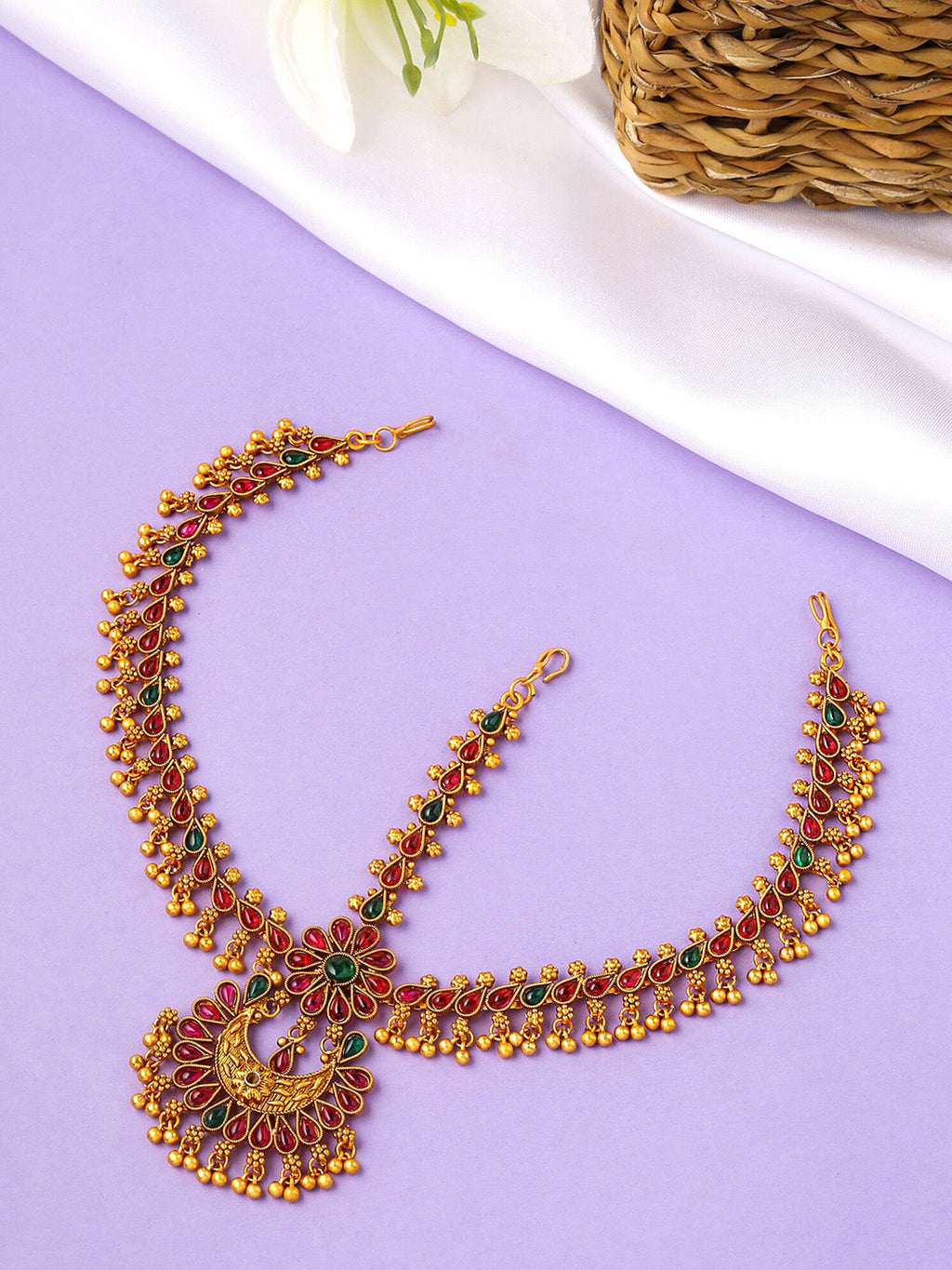 Yellow Chimes Gold-Toned Green Kundan Layered Temple Bridal Traditional Matha Patti