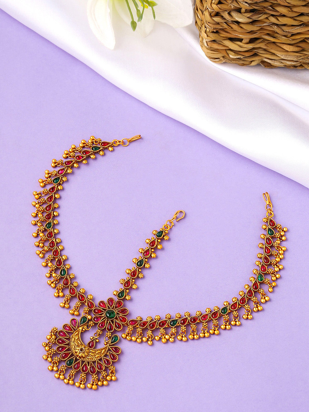 Yellow Chimes Gold-Toned Green Kundan Layered Temple Bridal Traditional Matha Patti