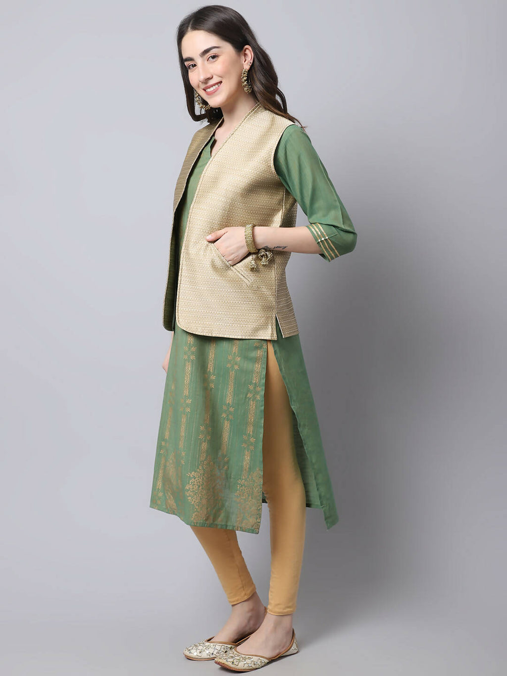 Even Apparels Beige Bansari Silk Open Front Gillet