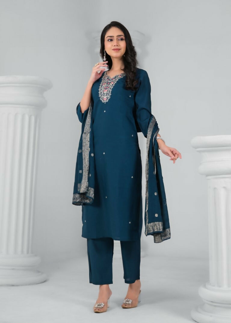 Ethnic Festive Wear Chanderi Rama Stitched Suit With Dupatta - Tanisha