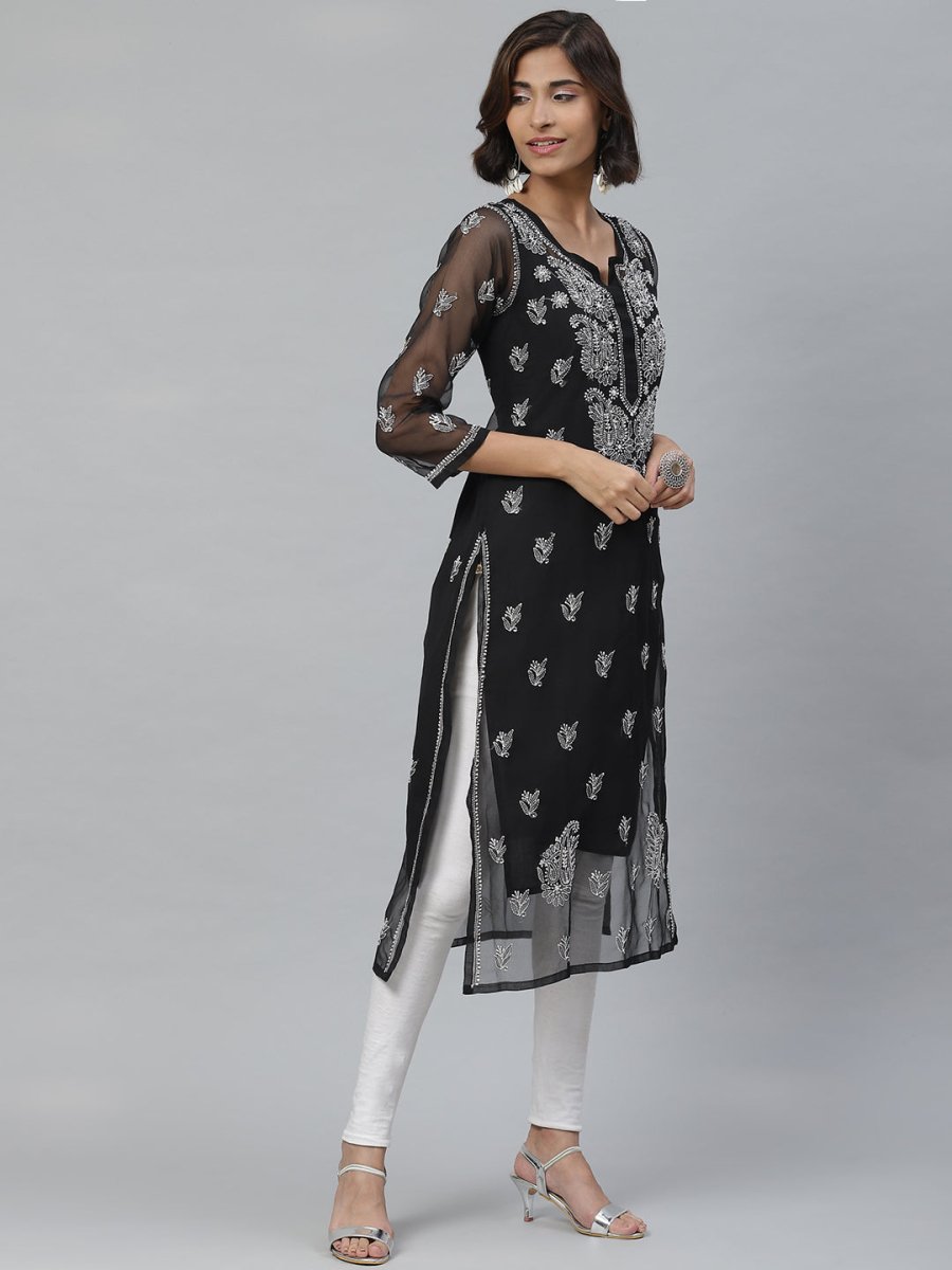 ADA Women Black & White Paisley Chikankari Embroidered Straight Handloom Kurta