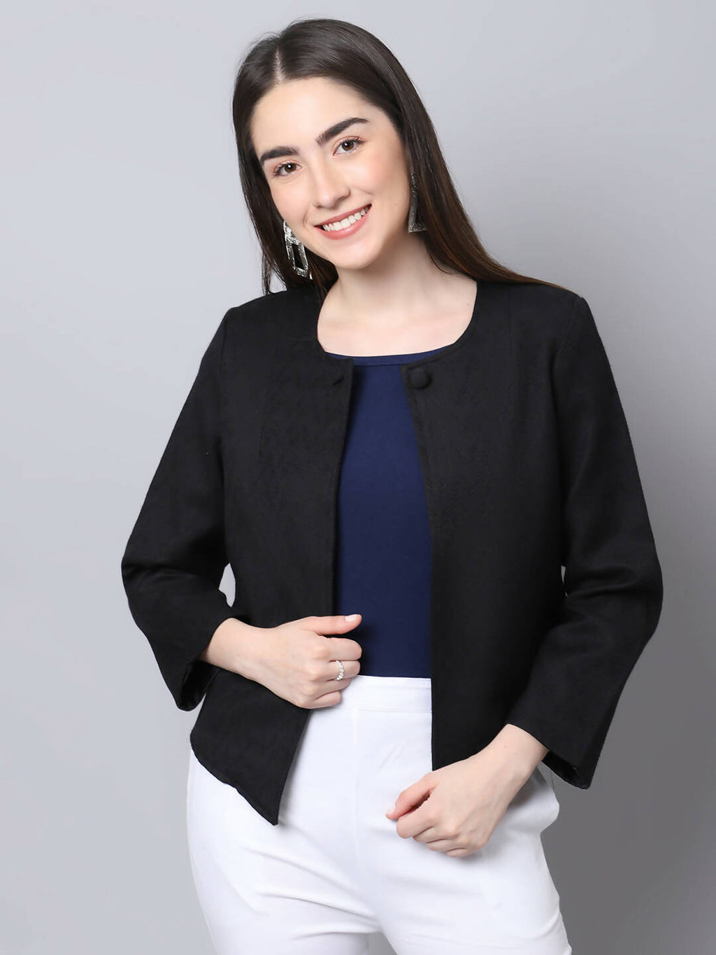 Even Apparels Black 100% Viscose Open Front Statement Women's Jacket