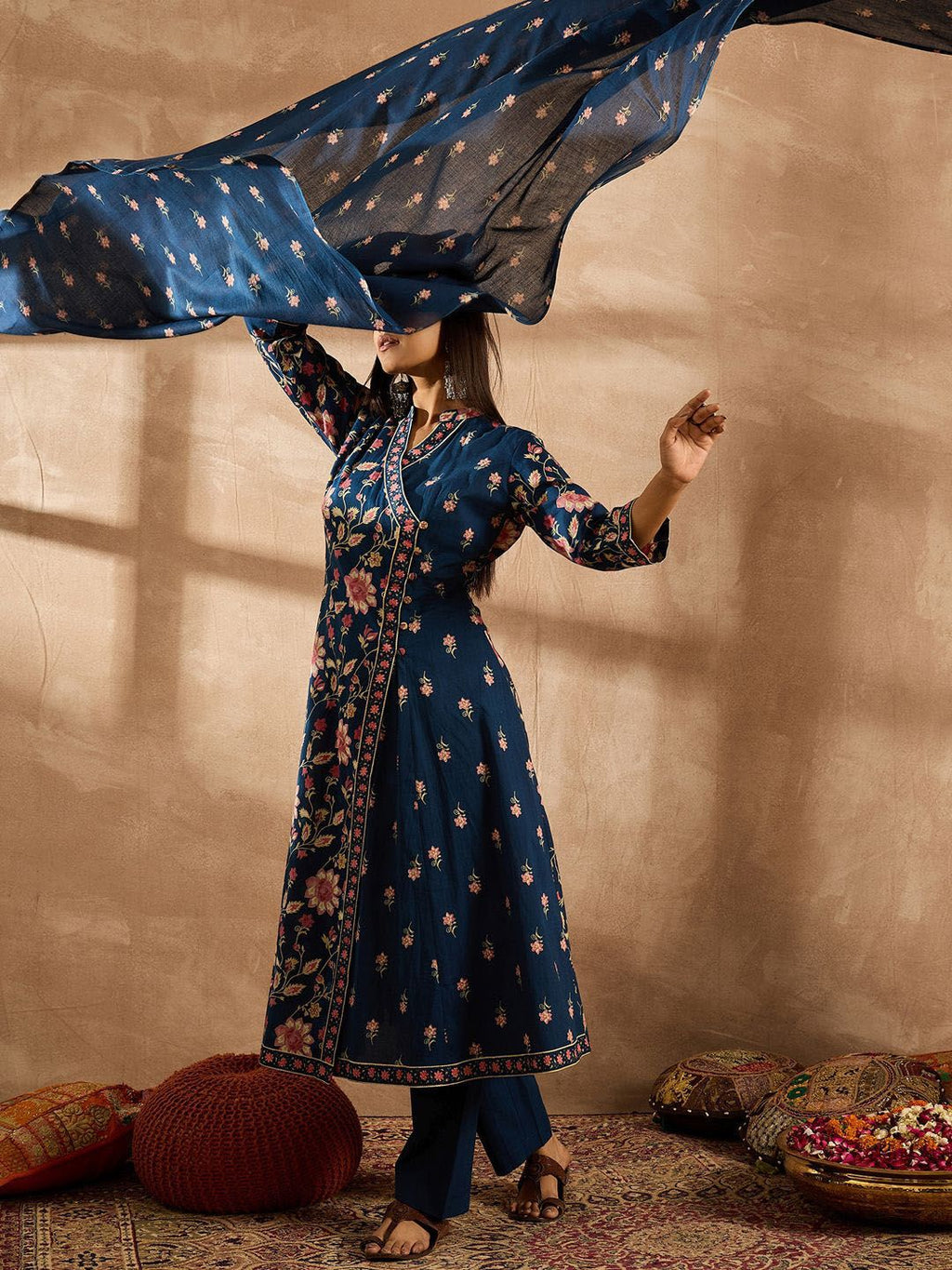 Indo Era Women Floral Printed Angrakha Beads and Stones Pure Cotton Kurta with Trousers & With Dupatta