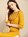 All About You Women Mustard Yellow Ethnic Motifs Yoke Design Keyhole Neck Straight Kurta