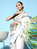 Tikhi Imli Off White & Green Abstract Print Satin Saree