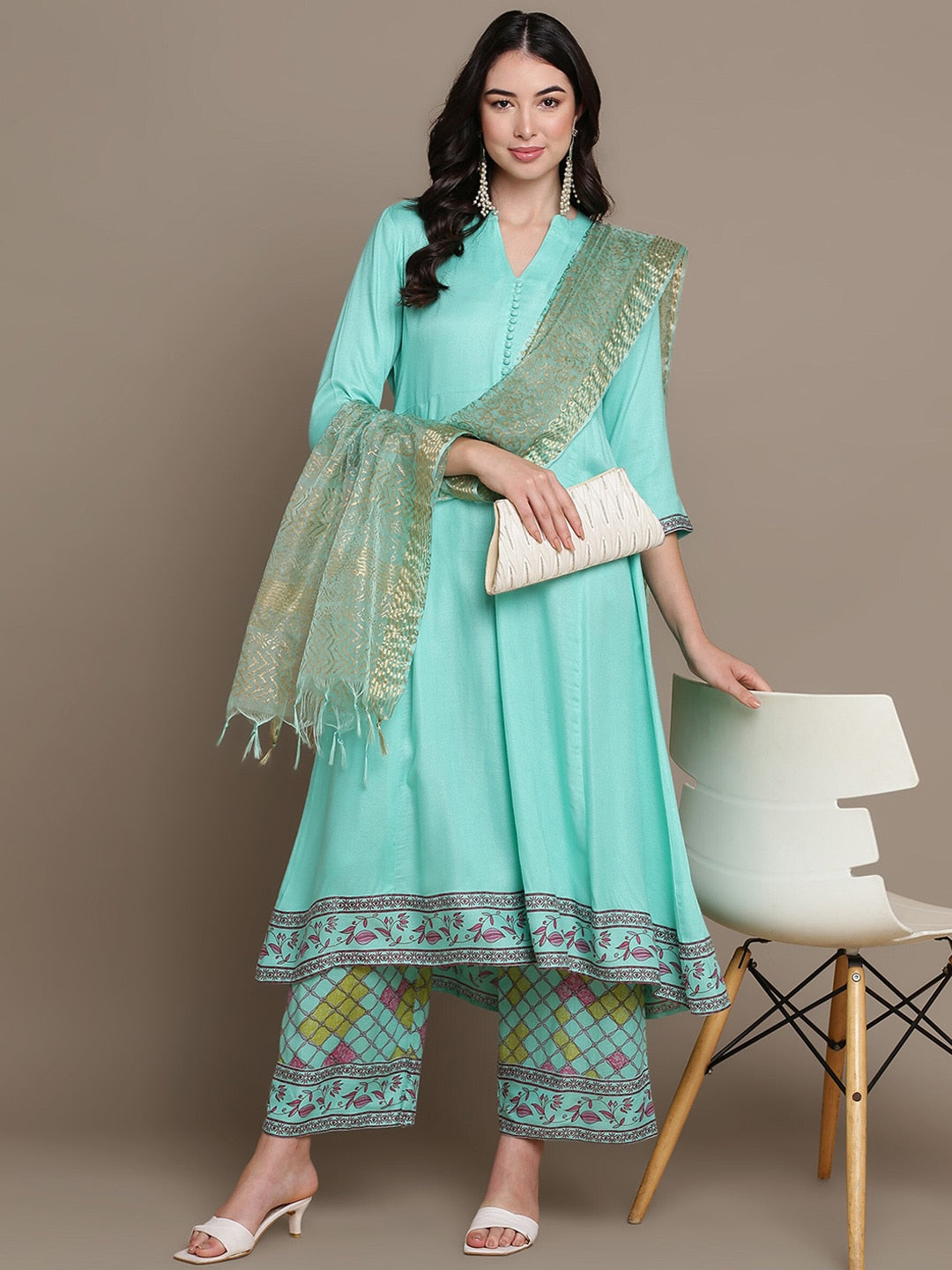 HERE&NOW Ethnic Motifs Printed Anarkali Kurta with Palazzos & Dupatta